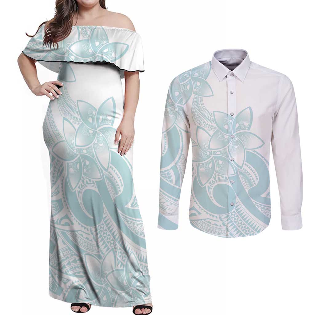 Polynesian Tribal Plumeria Lotu Tamaiti Couples Matching Off Shoulder Maxi Dress and Long Sleeve Button Shirt Pastel Cyan LT9 Cyan - Polynesian Pride