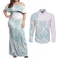 Polynesian Tribal Plumeria Lotu Tamaiti Couples Matching Off Shoulder Maxi Dress and Long Sleeve Button Shirt Pastel Cyan LT9 Cyan - Polynesian Pride