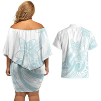 Polynesian Tribal Plumeria Lotu Tamaiti Couples Matching Off Shoulder Short Dress and Hawaiian Shirt Pastel Cyan LT9 - Polynesian Pride