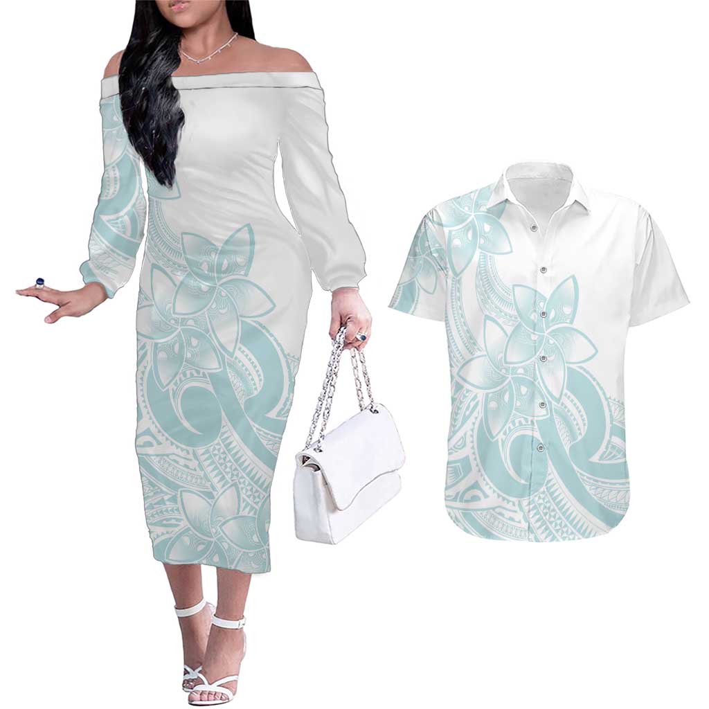 Polynesian Tribal Plumeria Lotu Tamaiti Couples Matching Off The Shoulder Long Sleeve Dress and Hawaiian Shirt Pastel Cyan LT9 Cyan - Polynesian Pride