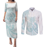 Polynesian Tribal Plumeria Lotu Tamaiti Couples Matching Puletasi and Long Sleeve Button Shirt Pastel Cyan LT9 Cyan - Polynesian Pride