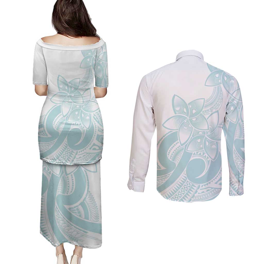 Polynesian Tribal Plumeria Lotu Tamaiti Couples Matching Puletasi and Long Sleeve Button Shirt Pastel Cyan LT9 - Polynesian Pride
