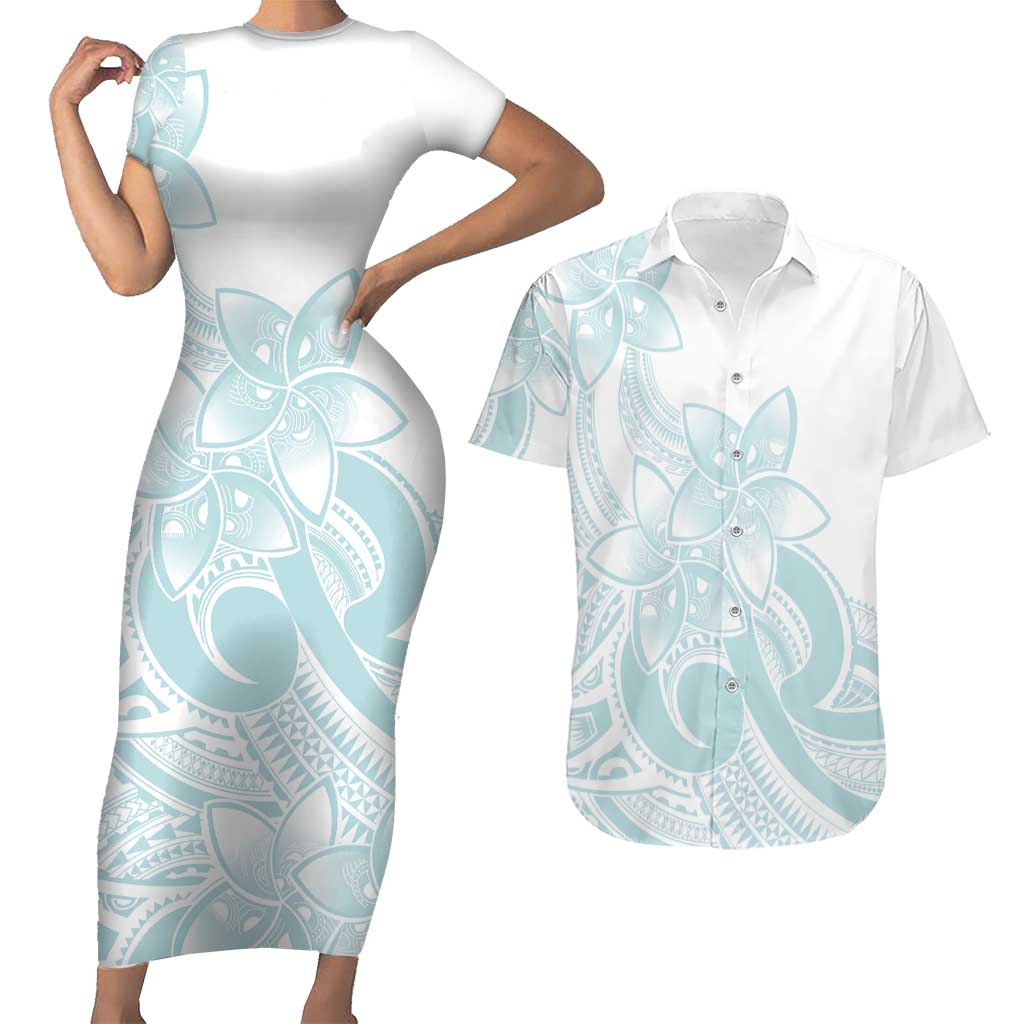 Polynesian Tribal Plumeria Lotu Tamaiti Couples Matching Short Sleeve Bodycon Dress and Hawaiian Shirt Pastel Cyan LT9 Cyan - Polynesian Pride
