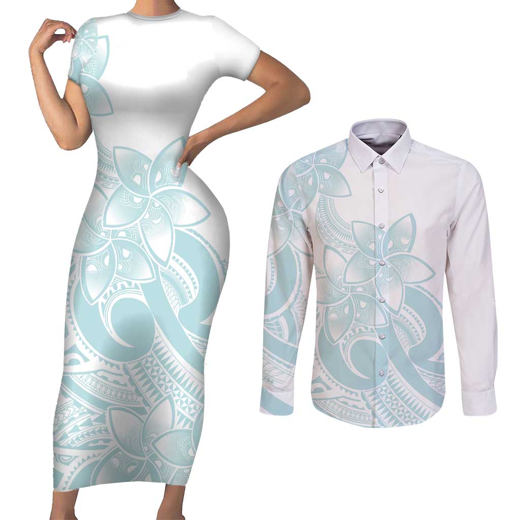 Polynesian Tribal Plumeria Lotu Tamaiti Couples Matching Short Sleeve Bodycon Dress and Long Sleeve Button Shirt Pastel Cyan LT9 Cyan - Polynesian Pride