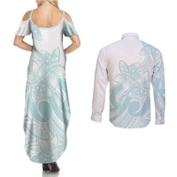 Polynesian Tribal Plumeria Lotu Tamaiti Couples Matching Summer Maxi Dress and Long Sleeve Button Shirt Pastel Cyan LT9 - Polynesian Pride