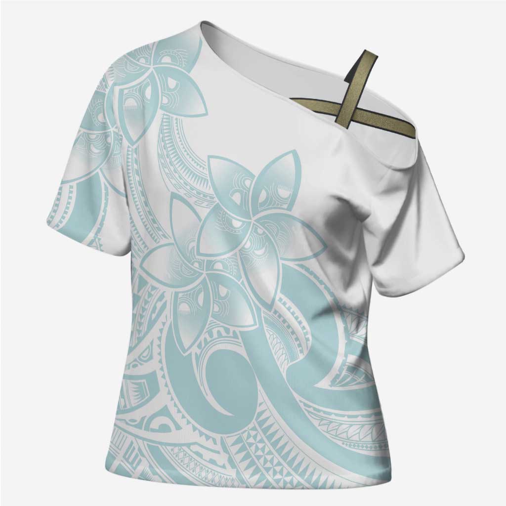 Polynesian Tribal Plumeria Lotu Tamaiti Cross Shoulder Shirt Pastel Cyan LT9 Female Cyan - Polynesian Pride