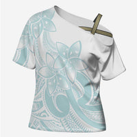 Polynesian Tribal Plumeria Lotu Tamaiti Cross Shoulder Shirt Pastel Cyan LT9 Female Cyan - Polynesian Pride