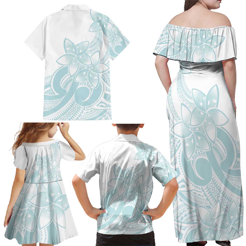 Polynesian Tribal Plumeria Lotu Tamaiti Family Matching Off Shoulder Maxi Dress and Hawaiian Shirt Pastel Cyan LT9 - Polynesian Pride