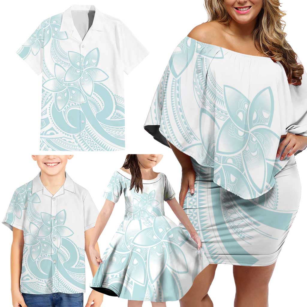 Polynesian Tribal Plumeria Lotu Tamaiti Family Matching Off Shoulder Short Dress and Hawaiian Shirt Pastel Cyan LT9 - Polynesian Pride