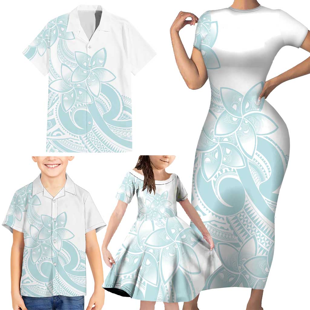 Polynesian Tribal Plumeria Lotu Tamaiti Family Matching Short Sleeve Bodycon Dress and Hawaiian Shirt Pastel Cyan LT9 - Polynesian Pride