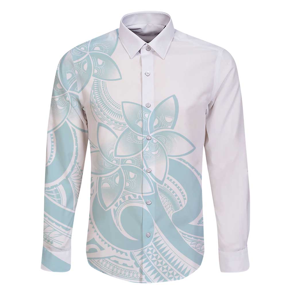 Polynesian Tribal Plumeria Lotu Tamaiti Family Matching Short Sleeve Bodycon Dress and Hawaiian Shirt Pastel Cyan LT9 Dad's Shirt - Long Sleeve Cyan - Polynesian Pride