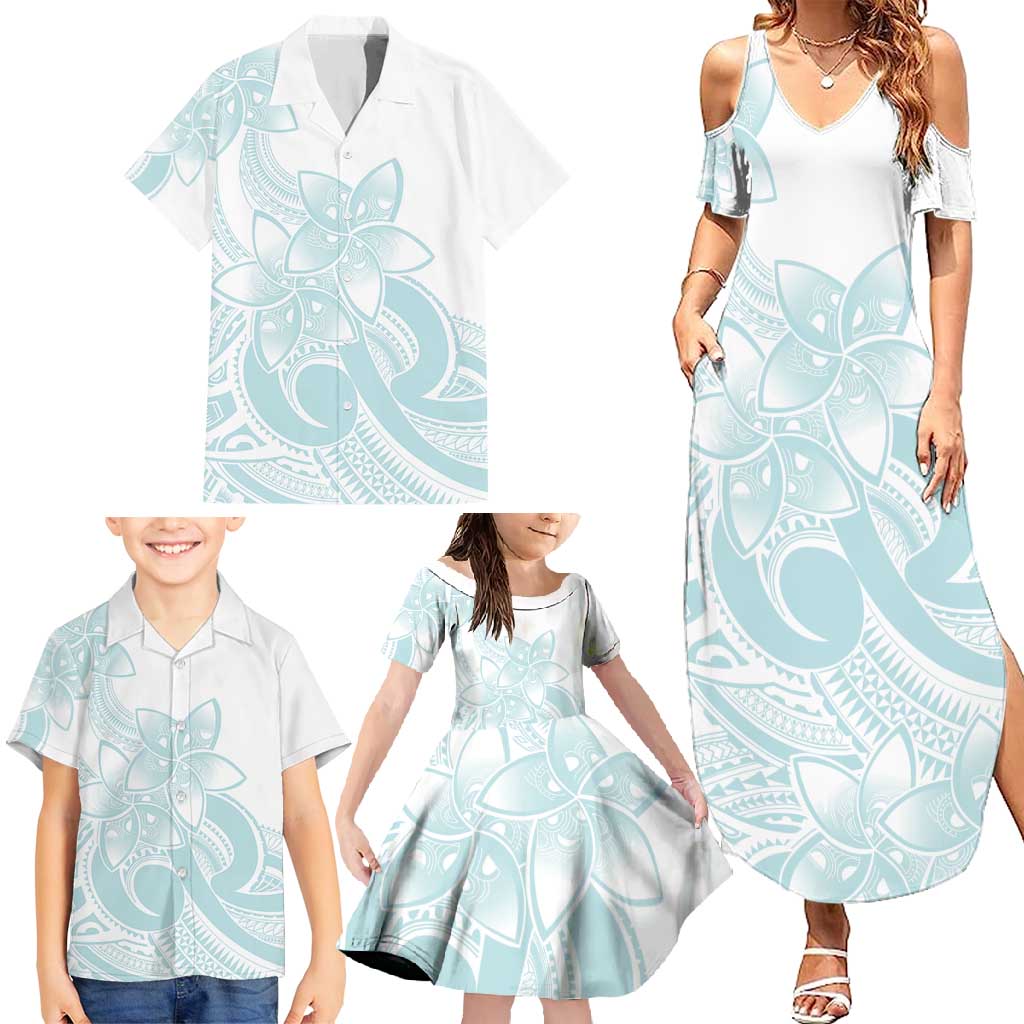 Polynesian Tribal Plumeria Lotu Tamaiti Family Matching Summer Maxi Dress and Hawaiian Shirt Pastel Cyan LT9 - Polynesian Pride
