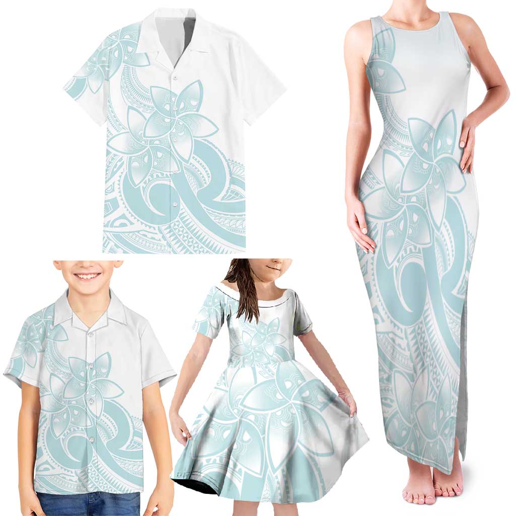 Polynesian Tribal Plumeria Lotu Tamaiti Family Matching Tank Maxi Dress and Hawaiian Shirt Pastel Cyan LT9 - Polynesian Pride