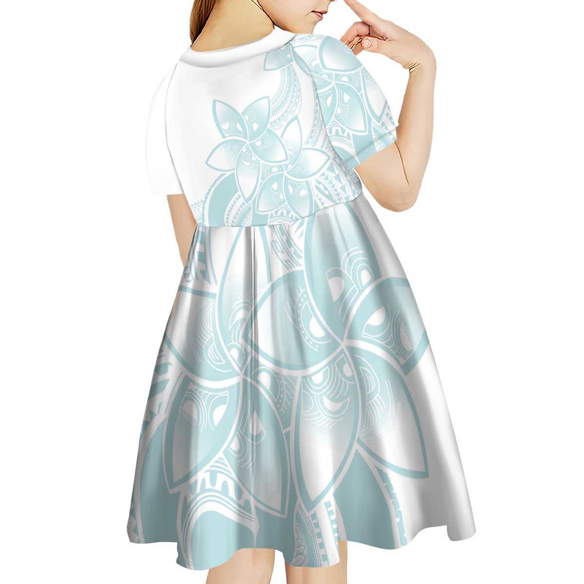 Polynesian Tribal Plumeria Lotu Tamaiti Kid Short Sleeve Dress Pastel Cyan LT9 - Polynesian Pride
