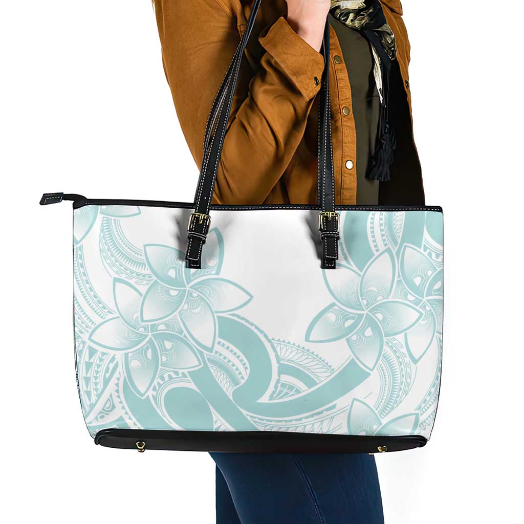 Polynesian Tribal Plumeria Lotu Tamaiti Leather Tote Bag Pastel Cyan LT9 - Polynesian Pride