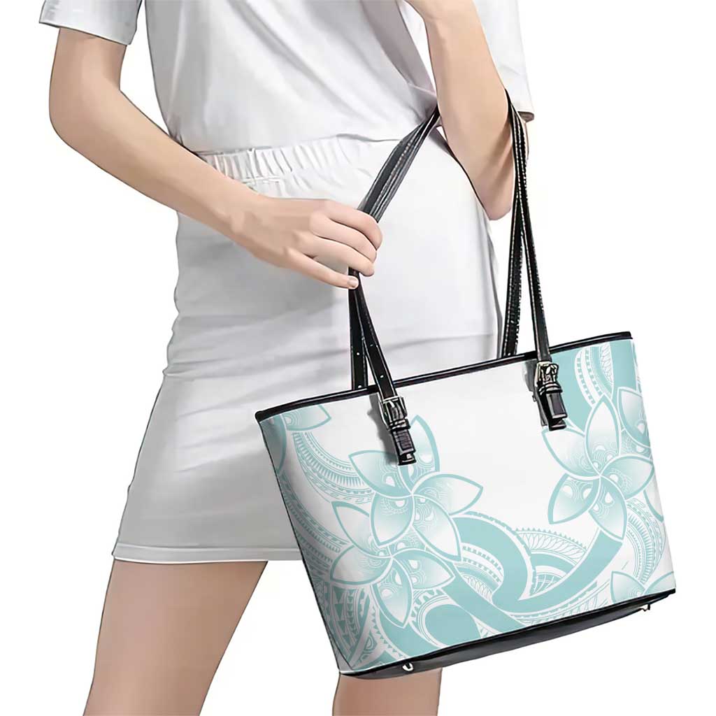 Polynesian Tribal Plumeria Lotu Tamaiti Leather Tote Bag Pastel Cyan LT9 - Polynesian Pride
