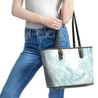 Polynesian Tribal Plumeria Lotu Tamaiti Leather Tote Bag Pastel Cyan LT9 - Polynesian Pride