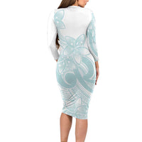 Polynesian Tribal Plumeria Lotu Tamaiti Long Sleeve Bodycon Dress Pastel Cyan LT9 - Polynesian Pride