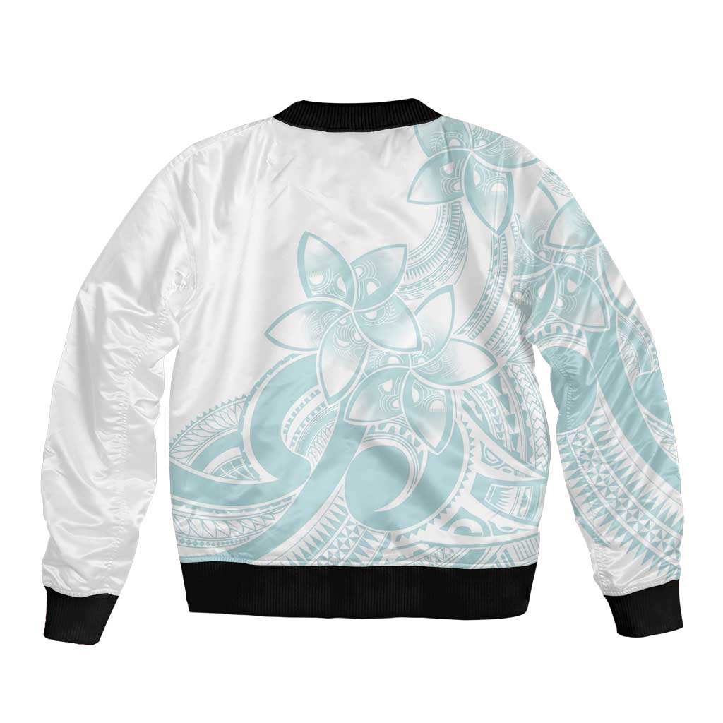 Polynesian Tribal Plumeria Lotu Tamaiti Sleeve Zip Bomber Jacket Pastel Cyan - Polynesian Pride