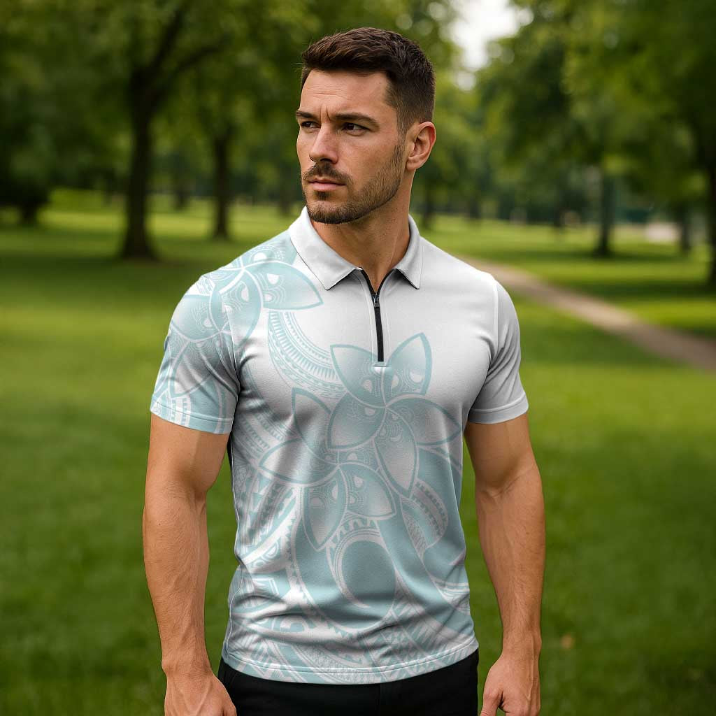 Polynesian Tribal Plumeria Lotu Tamaiti Zipper Polo Shirt Pastel Cyan LT9 - Polynesian Pride