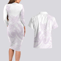 Polynesian Tribal Plumeria Lotu Tamaiti Couples Matching Long Sleeve Bodycon Dress and Hawaiian Shirt Pastel Mauve LT9 - Polynesian Pride