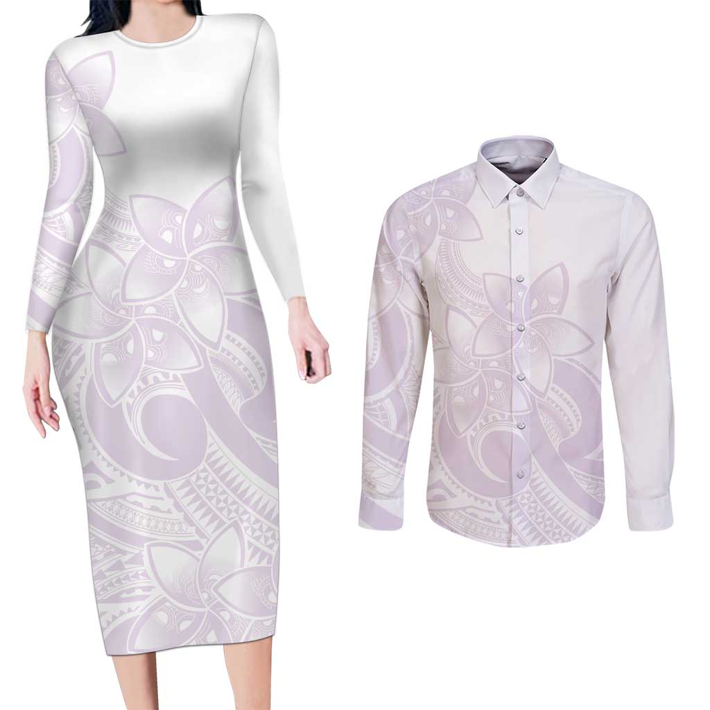 Polynesian Tribal Plumeria Lotu Tamaiti Couples Matching Long Sleeve Bodycon Dress and Long Sleeve Button Shirt Pastel Mauve LT9 Mauve - Polynesian Pride
