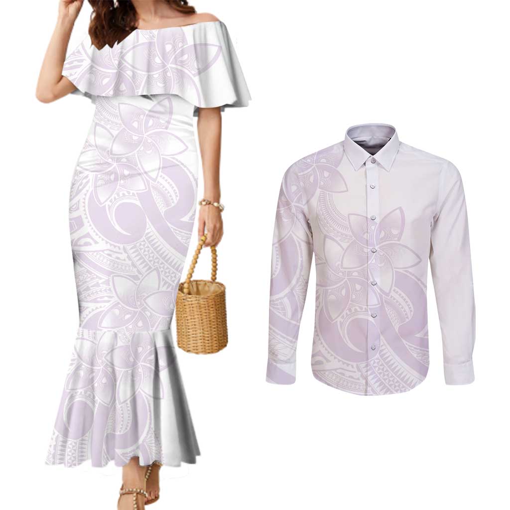 Polynesian Tribal Plumeria Lotu Tamaiti Couples Matching Mermaid Dress and Long Sleeve Button Shirt Pastel Mauve LT9 Mauve - Polynesian Pride