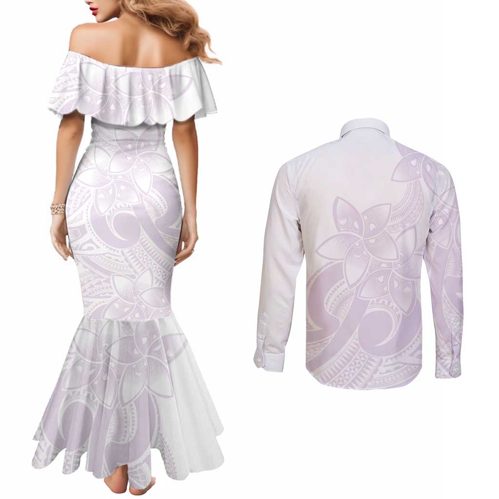 Polynesian Tribal Plumeria Lotu Tamaiti Couples Matching Mermaid Dress and Long Sleeve Button Shirt Pastel Mauve LT9 - Polynesian Pride