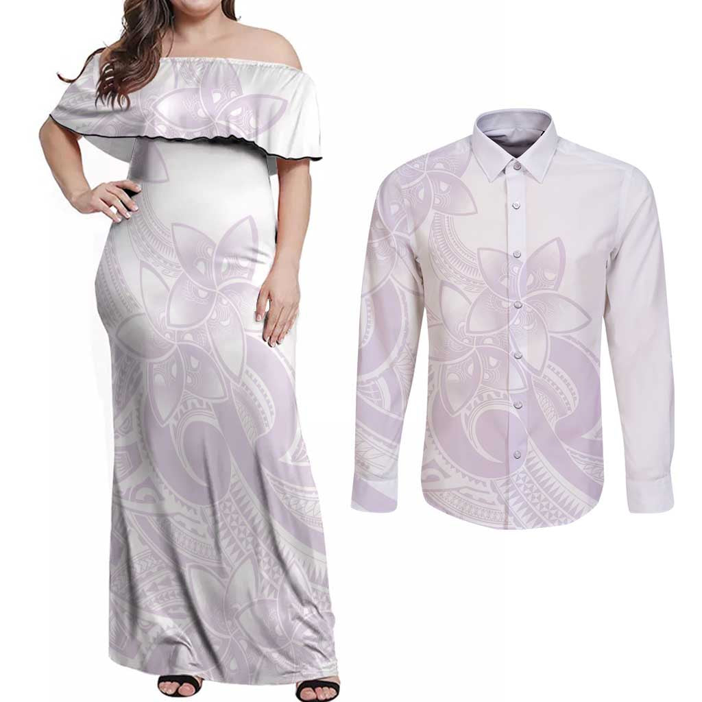 Polynesian Tribal Plumeria Lotu Tamaiti Couples Matching Off Shoulder Maxi Dress and Long Sleeve Button Shirt Pastel Mauve LT9 Mauve - Polynesian Pride