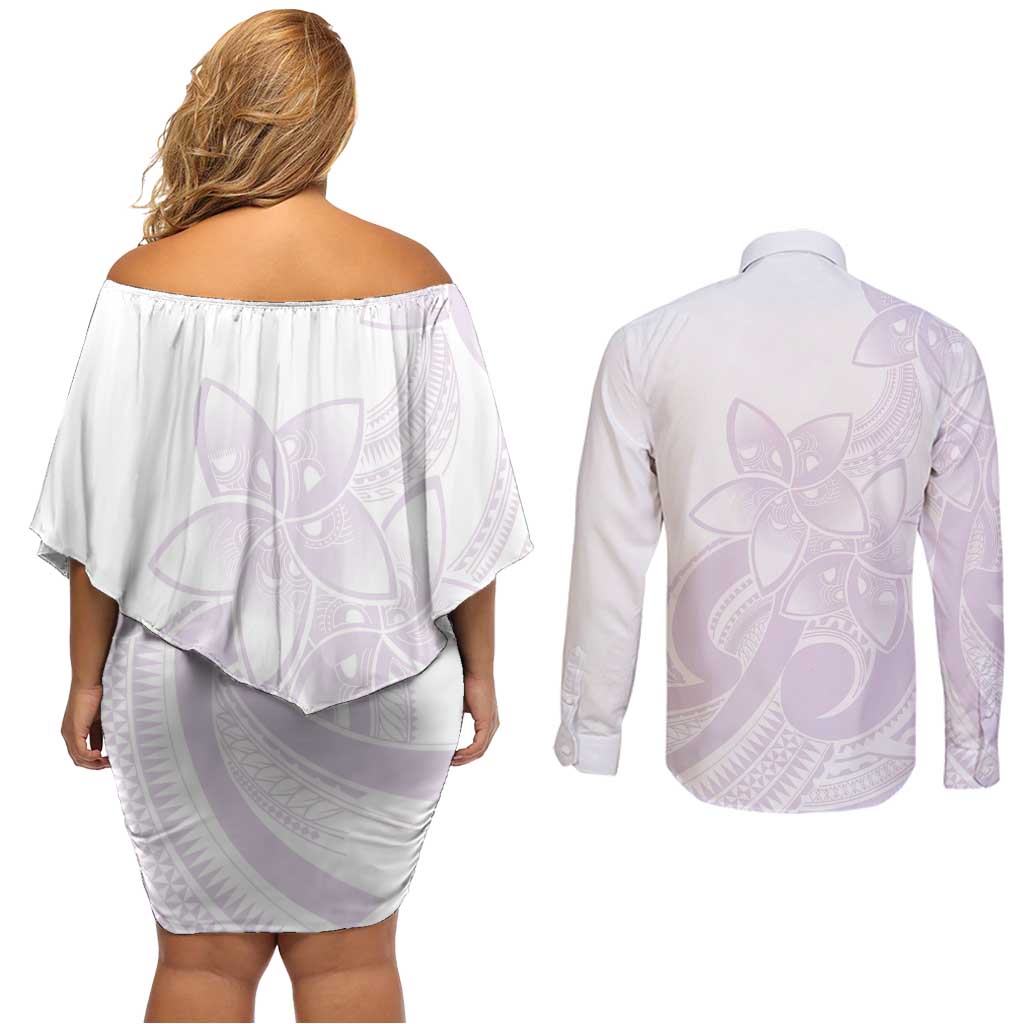 Polynesian Tribal Plumeria Lotu Tamaiti Couples Matching Off Shoulder Short Dress and Long Sleeve Button Shirt Pastel Mauve LT9 - Polynesian Pride