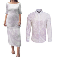 Polynesian Tribal Plumeria Lotu Tamaiti Couples Matching Puletasi and Long Sleeve Button Shirt Pastel Mauve LT9 Mauve - Polynesian Pride