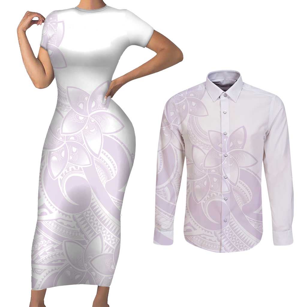 Polynesian Tribal Plumeria Lotu Tamaiti Couples Matching Short Sleeve Bodycon Dress and Long Sleeve Button Shirt Pastel Mauve LT9 Mauve - Polynesian Pride