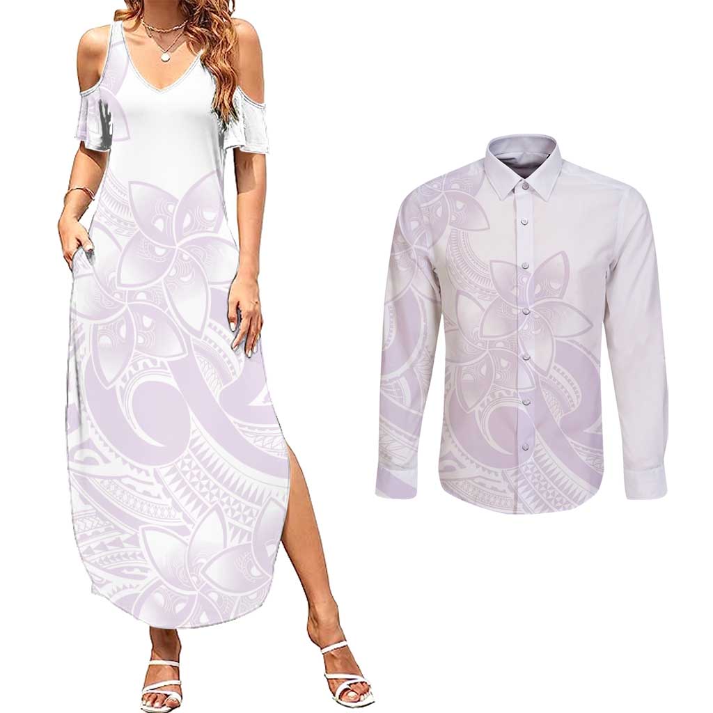 Polynesian Tribal Plumeria Lotu Tamaiti Couples Matching Summer Maxi Dress and Long Sleeve Button Shirt Pastel Mauve LT9 Mauve - Polynesian Pride