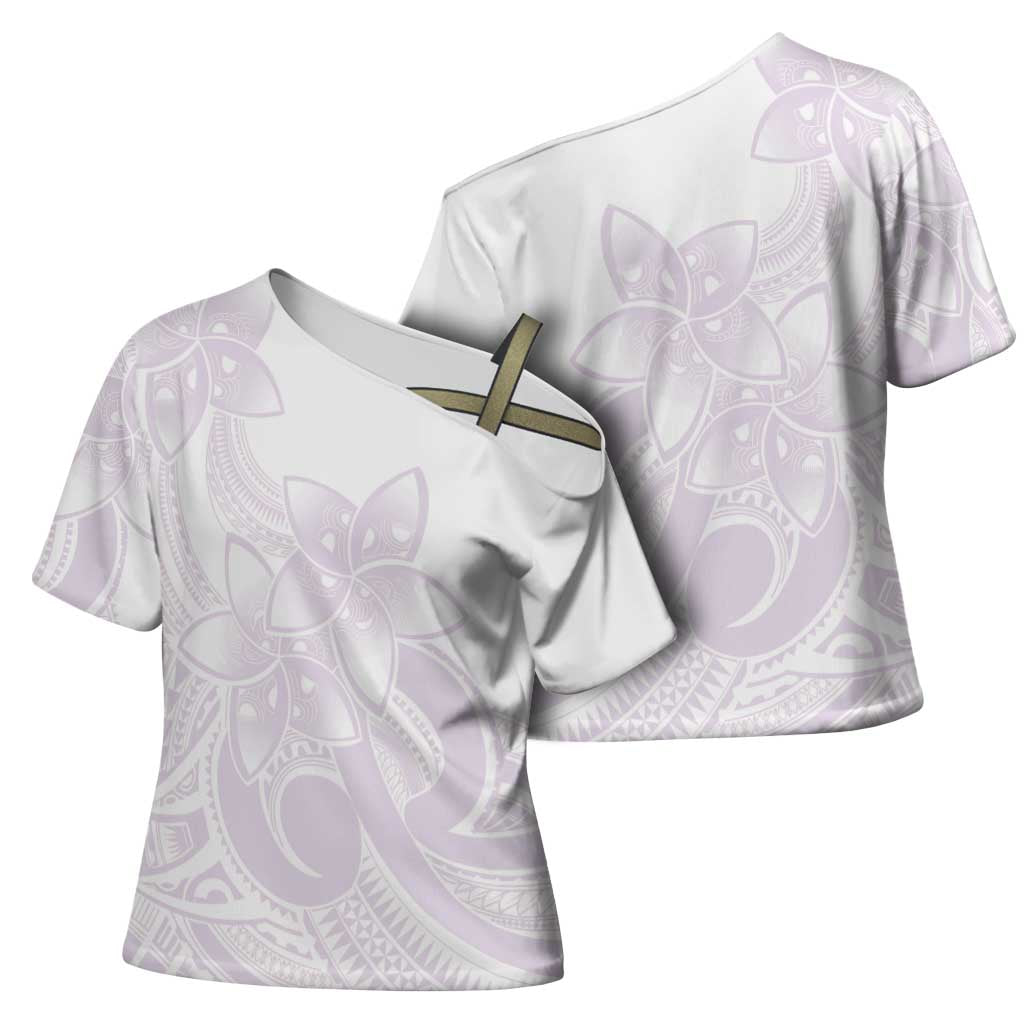 Polynesian Tribal Plumeria Lotu Tamaiti Cross Shoulder Shirt Pastel Mauve LT9 - Polynesian Pride
