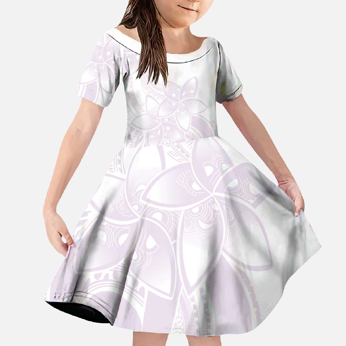 Polynesian Tribal Plumeria Lotu Tamaiti Family Matching Off The Shoulder Long Sleeve Dress and Hawaiian Shirt Pastel Mauve LT9 Daughter's Dress Mauve - Polynesian Pride