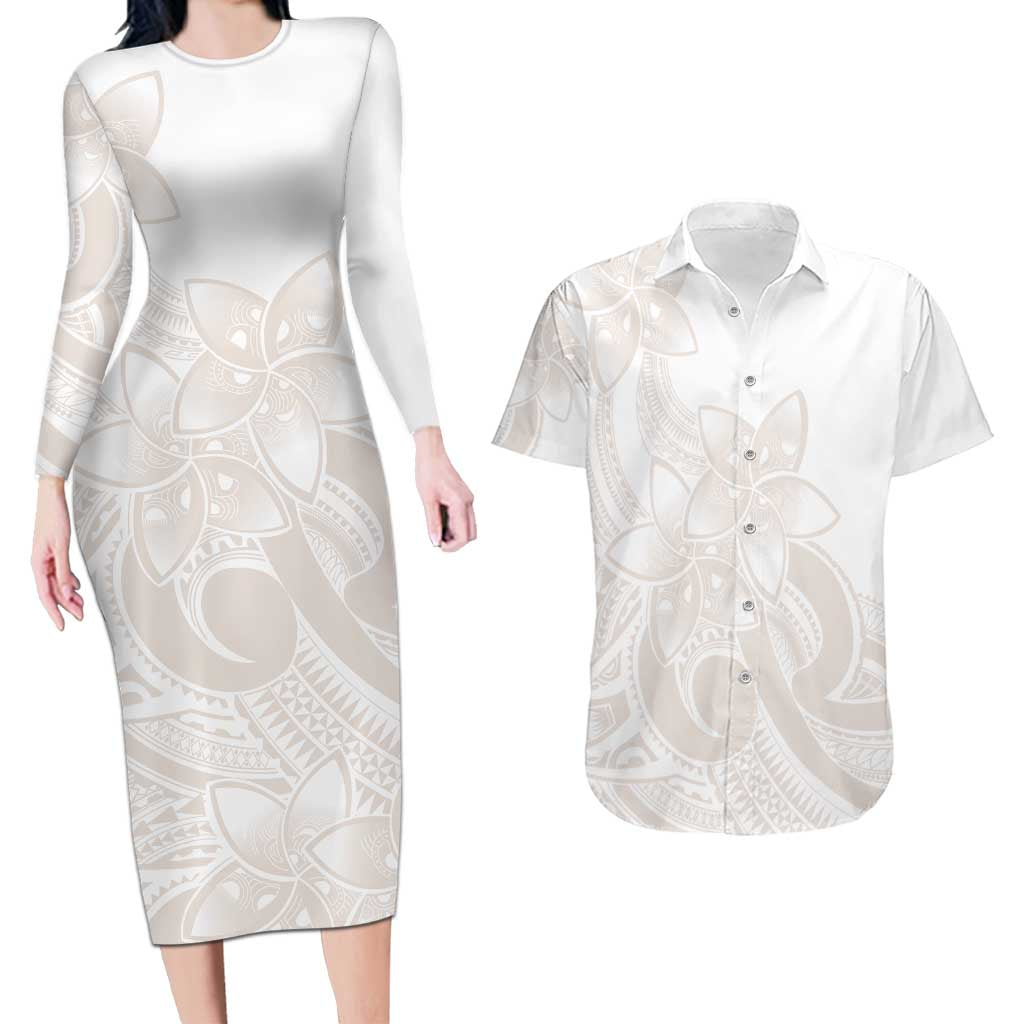 Polynesian Tribal Plumeria Lotu Tamaiti Couples Matching Long Sleeve Bodycon Dress and Hawaiian Shirt Pastel Nude LT9 Nude - Polynesian Pride