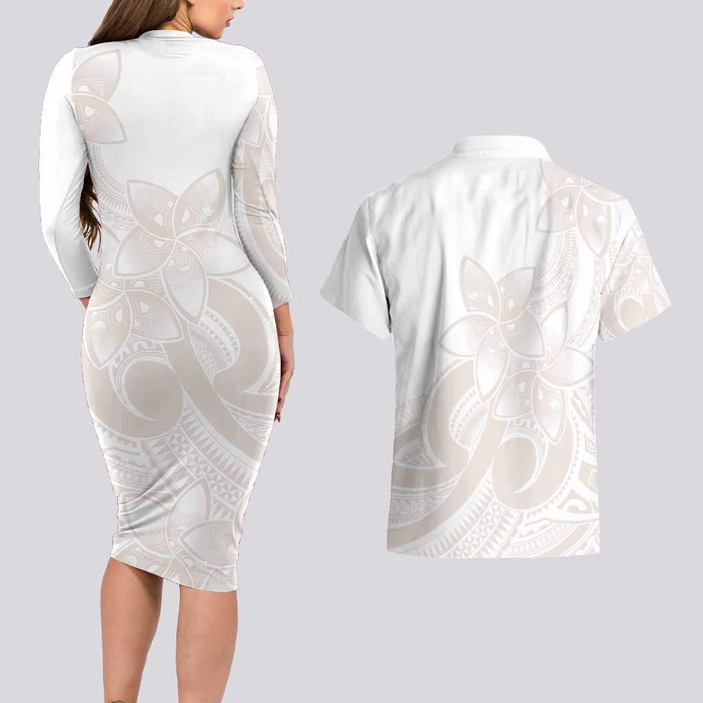 Polynesian Tribal Plumeria Lotu Tamaiti Couples Matching Long Sleeve Bodycon Dress and Hawaiian Shirt Pastel Nude LT9 - Polynesian Pride