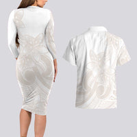 Polynesian Tribal Plumeria Lotu Tamaiti Couples Matching Long Sleeve Bodycon Dress and Hawaiian Shirt Pastel Nude LT9 - Polynesian Pride