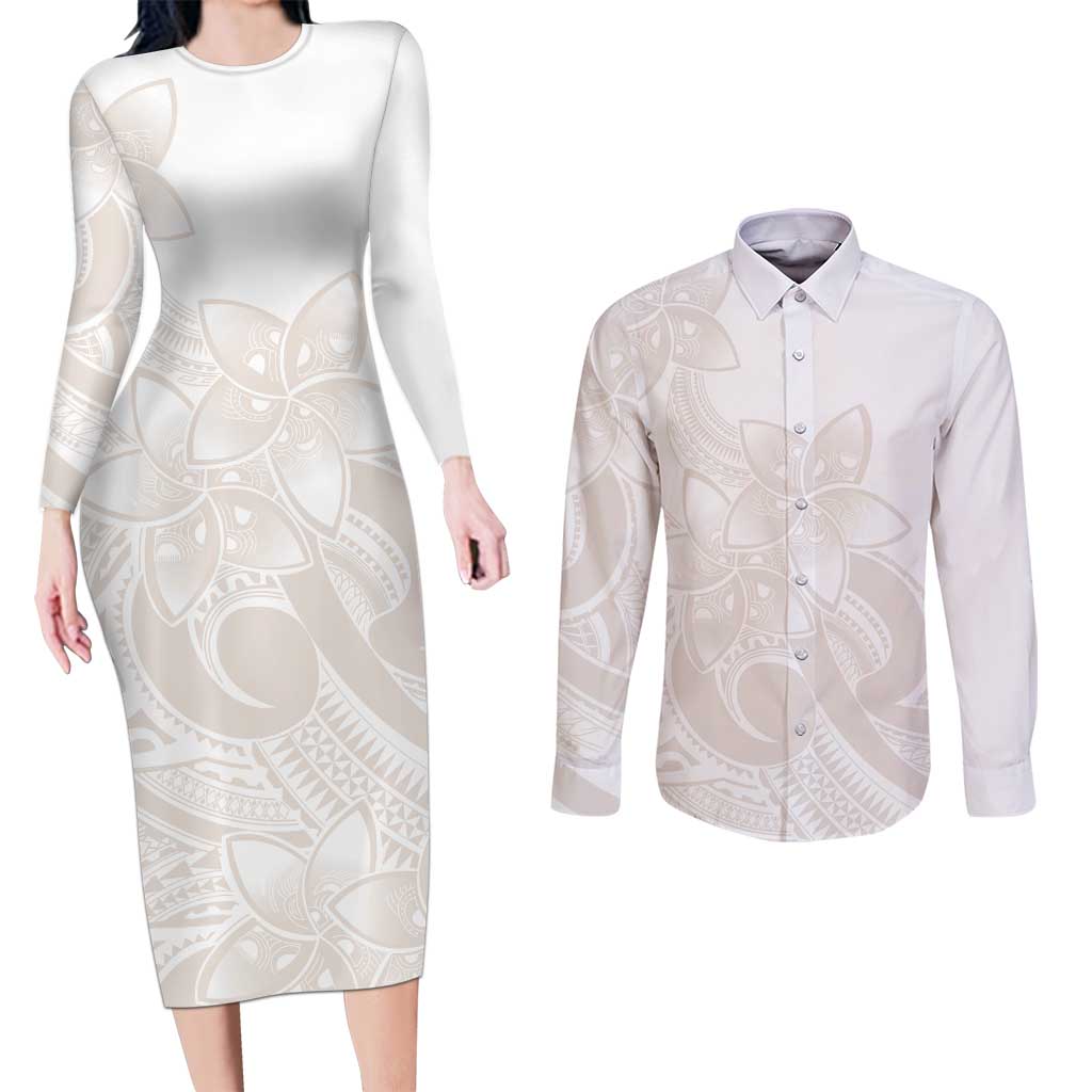 Polynesian Tribal Plumeria Lotu Tamaiti Couples Matching Long Sleeve Bodycon Dress and Long Sleeve Button Shirt Pastel Nude LT9 Nude - Polynesian Pride
