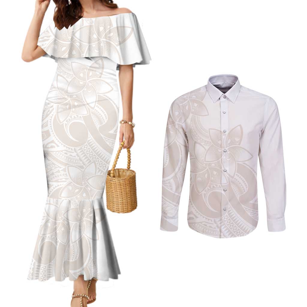 Polynesian Tribal Plumeria Lotu Tamaiti Couples Matching Mermaid Dress and Long Sleeve Button Shirt Pastel Nude LT9 Nude - Polynesian Pride
