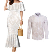 Polynesian Tribal Plumeria Lotu Tamaiti Couples Matching Mermaid Dress and Long Sleeve Button Shirt Pastel Nude LT9 Nude - Polynesian Pride