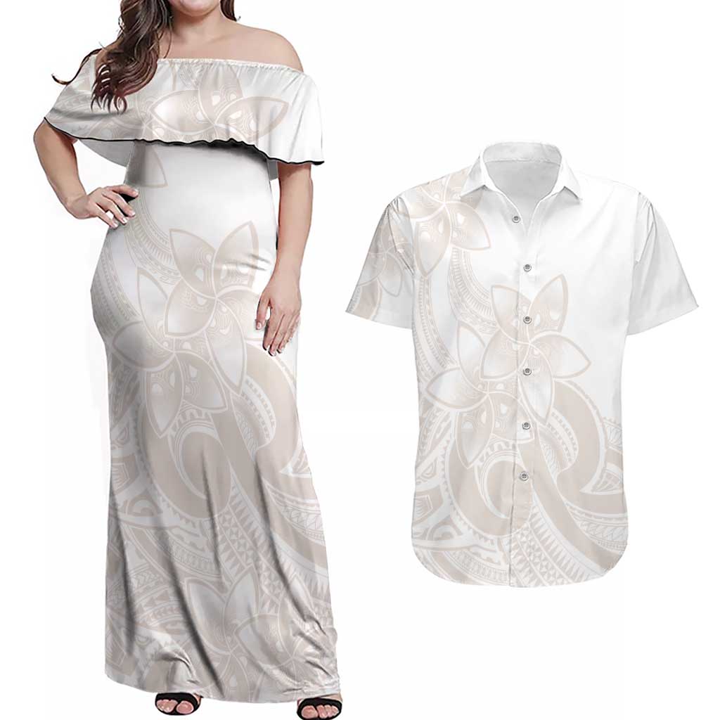 Polynesian Tribal Plumeria Lotu Tamaiti Couples Matching Off Shoulder Maxi Dress and Hawaiian Shirt Pastel Nude LT9 Nude - Polynesian Pride