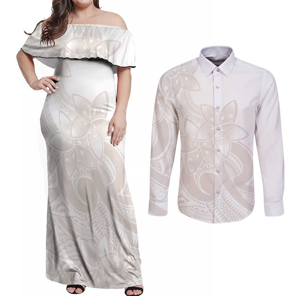 Polynesian Tribal Plumeria Lotu Tamaiti Couples Matching Off Shoulder Maxi Dress and Long Sleeve Button Shirt Pastel Nude LT9 Nude - Polynesian Pride