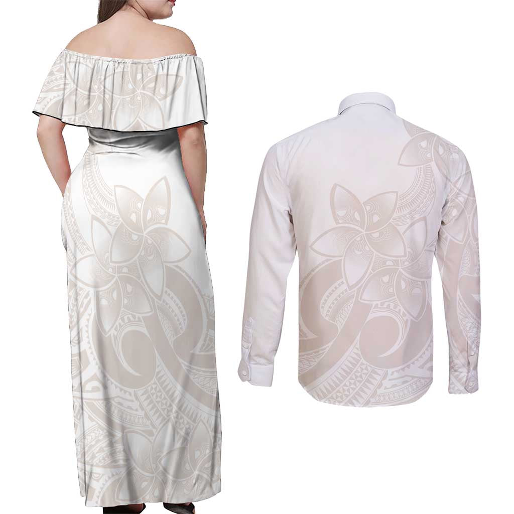 Polynesian Tribal Plumeria Lotu Tamaiti Couples Matching Off Shoulder Maxi Dress and Long Sleeve Button Shirt Pastel Nude LT9 - Polynesian Pride