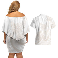 Polynesian Tribal Plumeria Lotu Tamaiti Couples Matching Off Shoulder Short Dress and Hawaiian Shirt Pastel Nude LT9 - Polynesian Pride