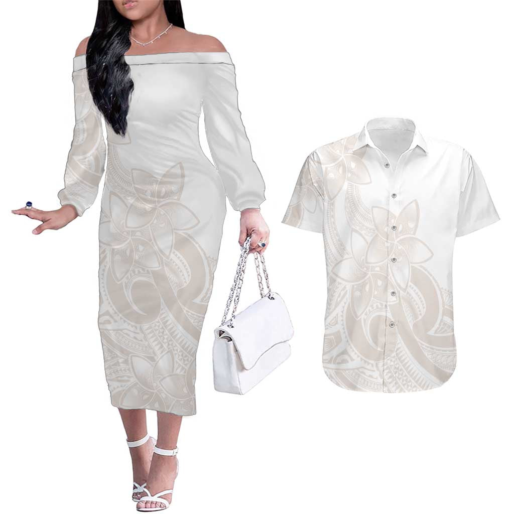 Polynesian Tribal Plumeria Lotu Tamaiti Couples Matching Off The Shoulder Long Sleeve Dress and Hawaiian Shirt Pastel Nude - Polynesian Pride