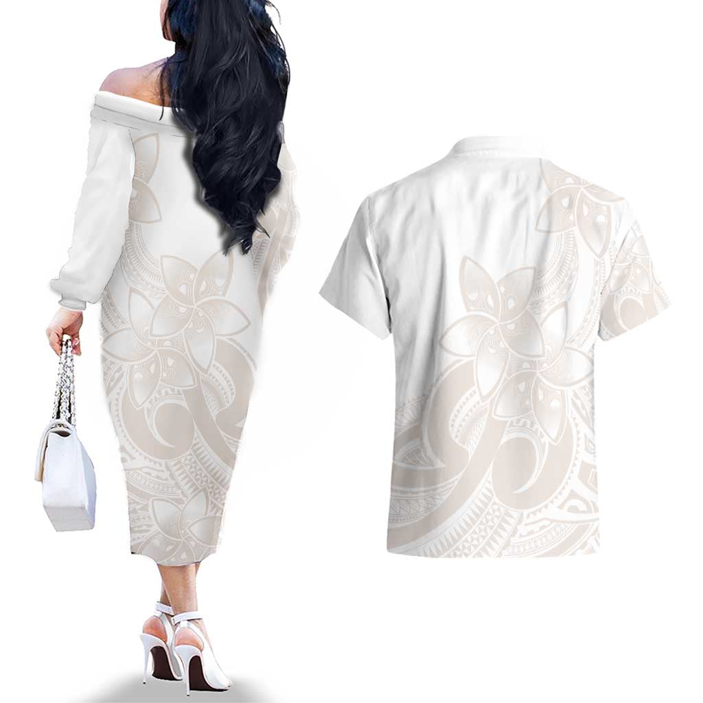 Polynesian Tribal Plumeria Lotu Tamaiti Couples Matching Off The Shoulder Long Sleeve Dress and Hawaiian Shirt Pastel Nude LT9 - Polynesian Pride