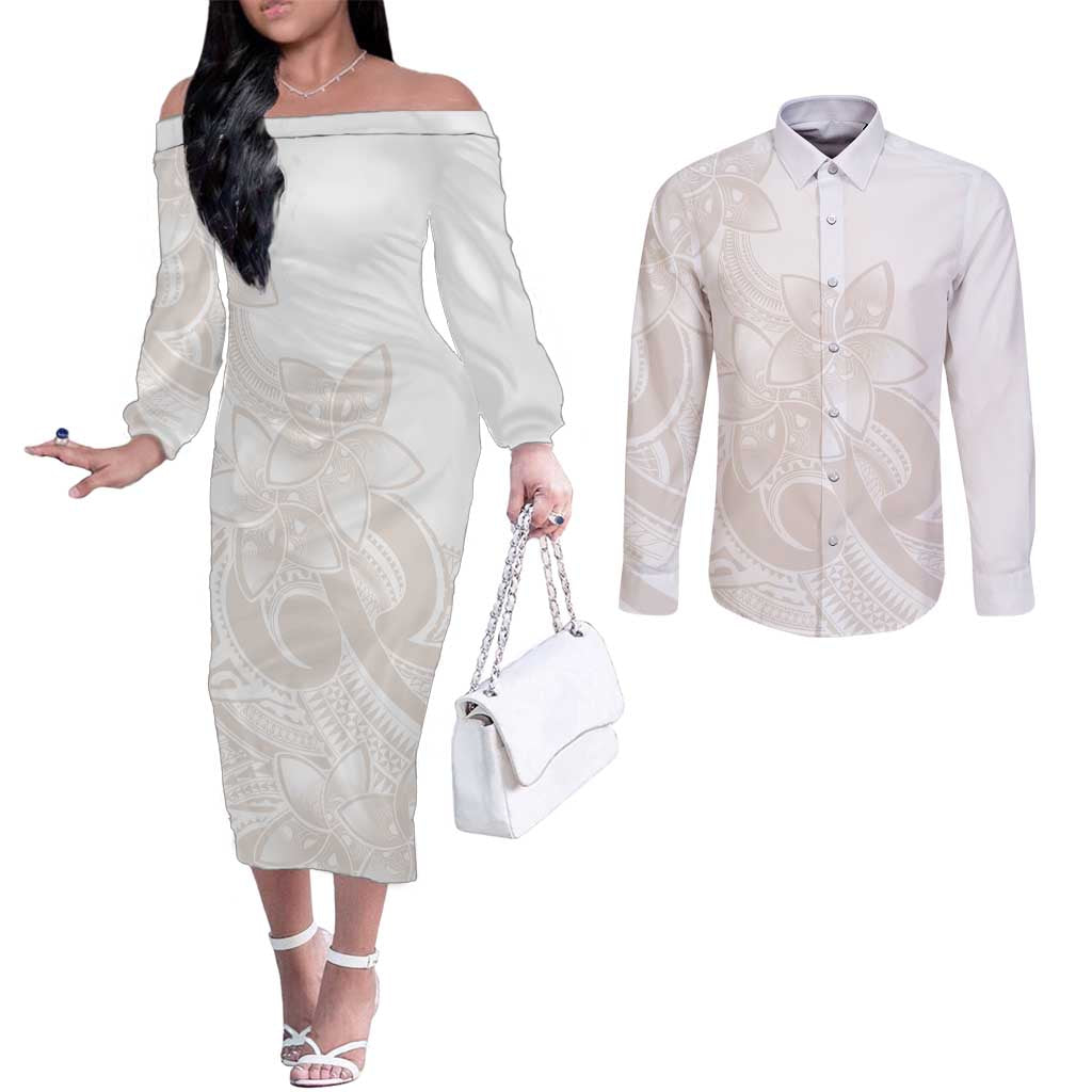 Polynesian Tribal Plumeria Lotu Tamaiti Couples Matching Off The Shoulder Long Sleeve Dress and Long Sleeve Button Shirt Pastel Nude LT9 Nude - Polynesian Pride