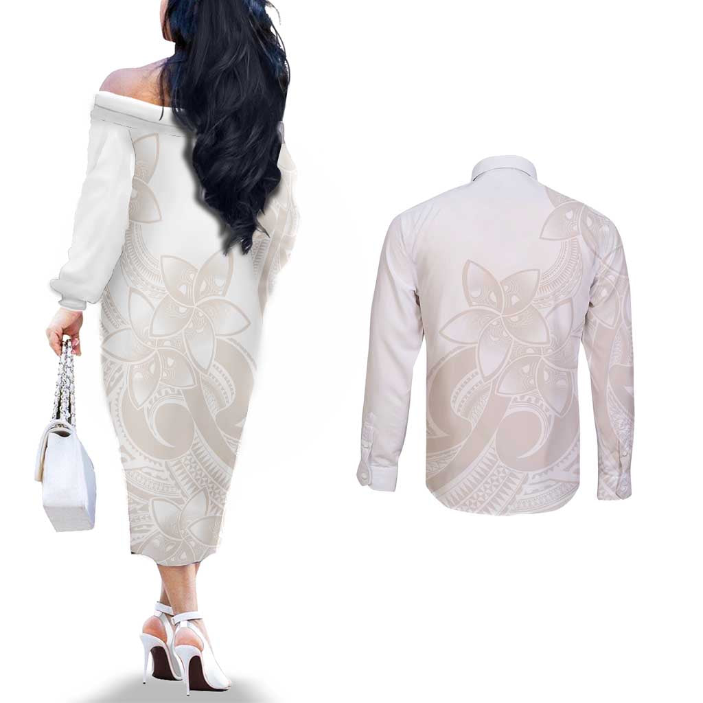 Polynesian Tribal Plumeria Lotu Tamaiti Couples Matching Off The Shoulder Long Sleeve Dress and Long Sleeve Button Shirt Pastel Nude LT9 - Polynesian Pride