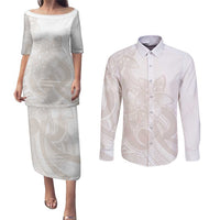 Polynesian Tribal Plumeria Lotu Tamaiti Couples Matching Puletasi and Long Sleeve Button Shirt Pastel Nude LT9 Nude - Polynesian Pride
